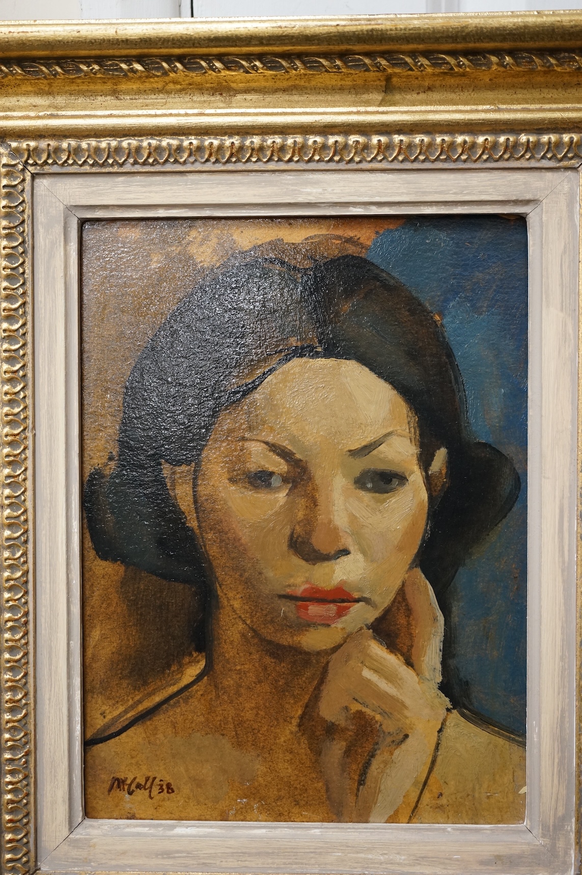 Charles McCall (Scottish, 1907-1989), Head of Maxine, signed and indistinctly dated, details and Christies, St. James, London, September 1995 label verso, oil on board, 27 x 19.5cm, gilt frame